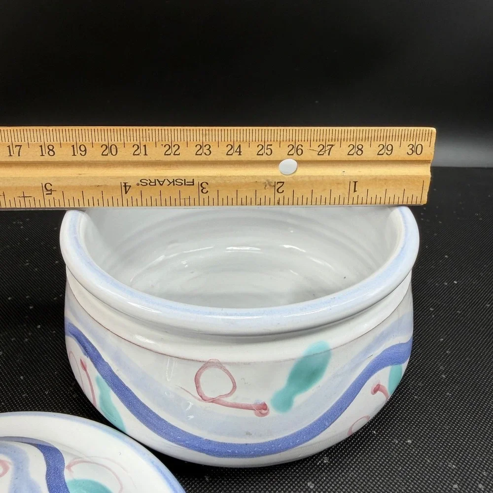 Nicola Fasano Italy Pier 1 Ceramic Lidded Jar Hand Painted Abstract Blue Pink 4